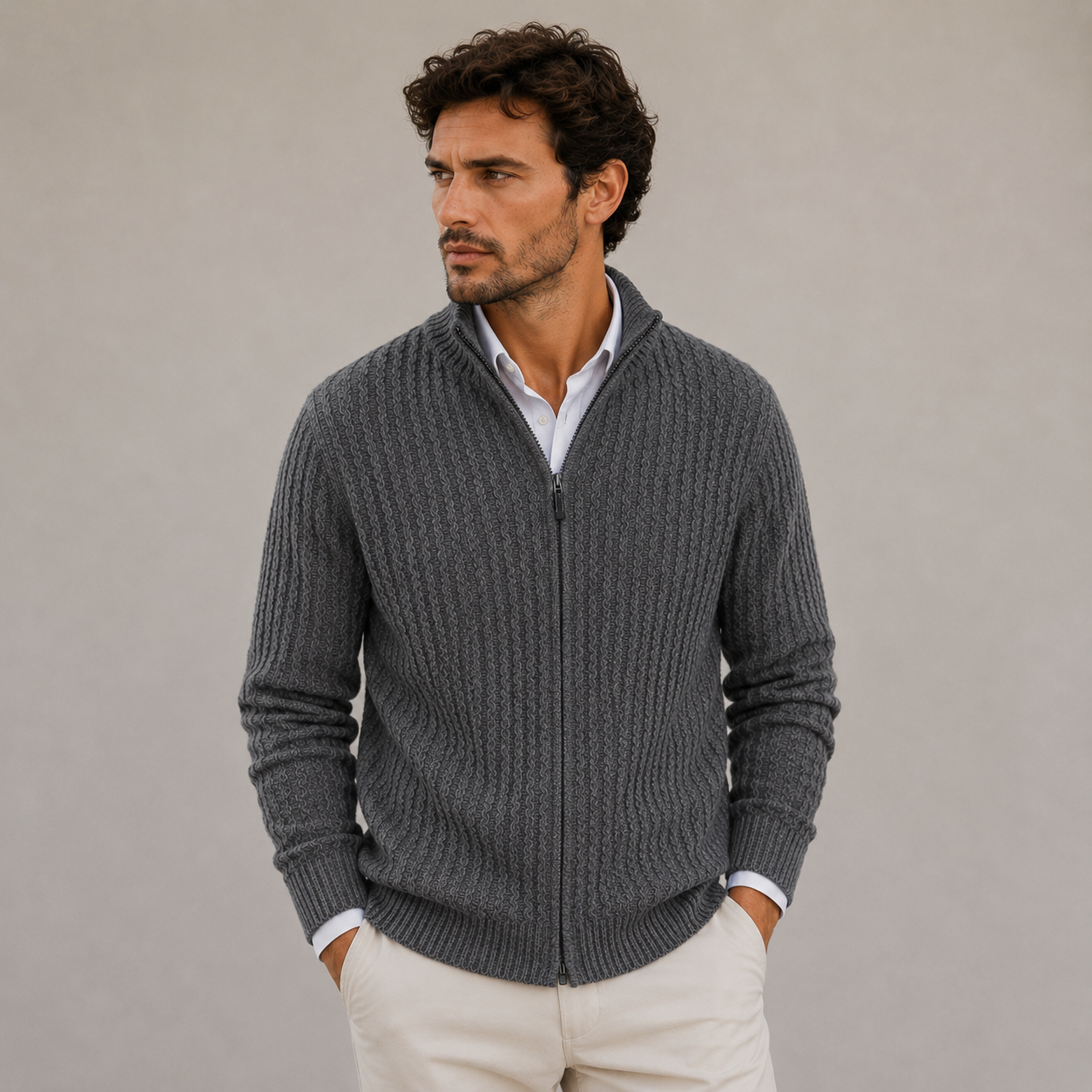 Men's regular-fit knit sweater with stand-up collar and full-length zipper