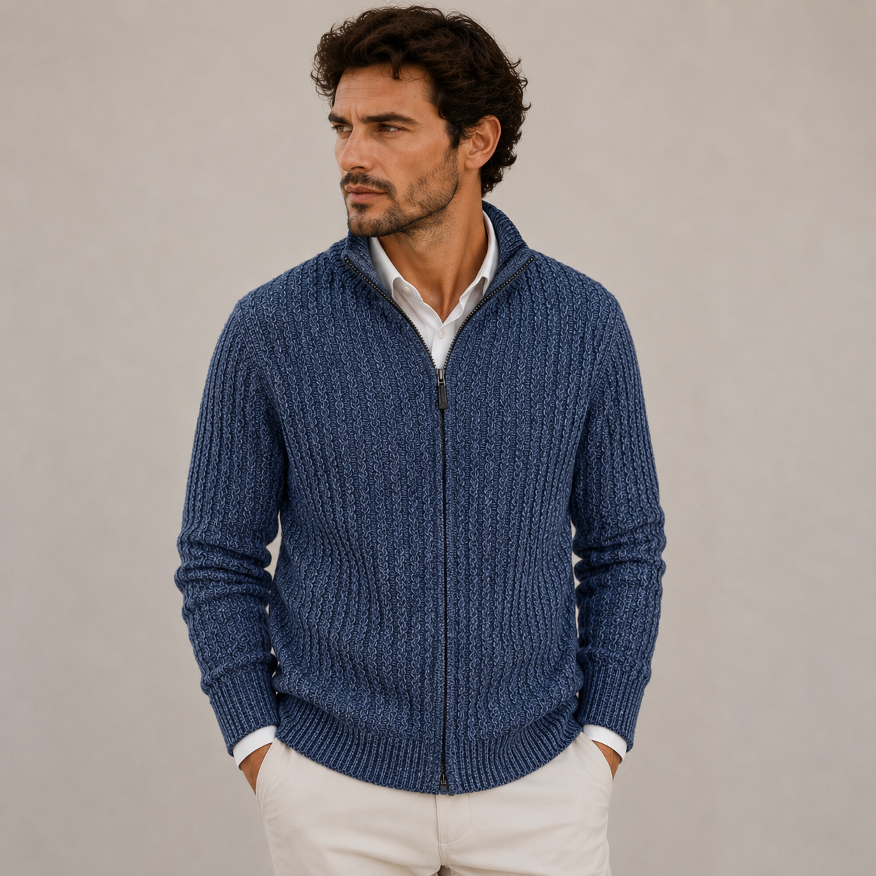 Men's long-sleeve textured knit sweater with zipper and ribbed collar finish