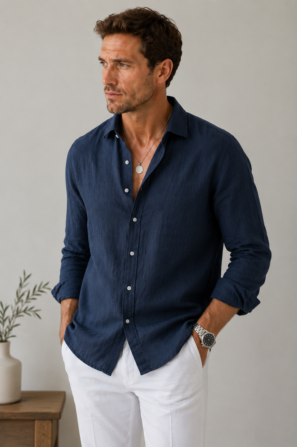 Men's breathable polyester shirt with relaxed fit and rolled-sleeve option