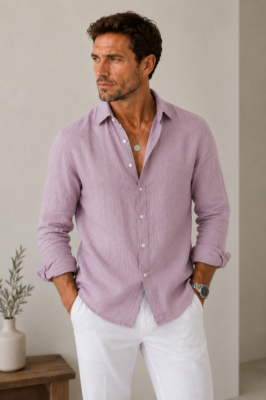 Stylish men's long-sleeve shirt in lightweight polyester for spring and summer