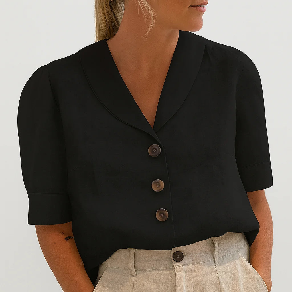 Women's black button-front short sleeve summer shirt