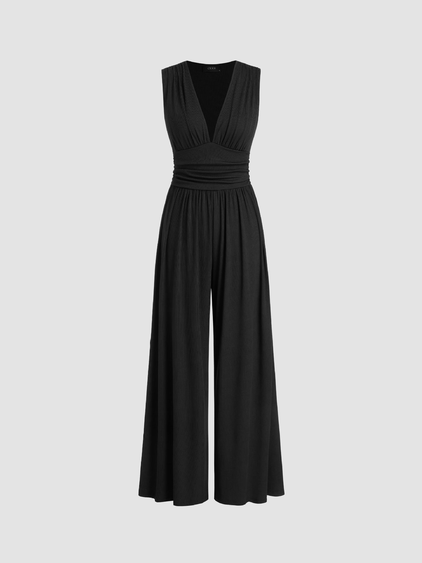 Women's Wide-Leg Jumpsuit with Deep V-Neckline and Defined Waist for Everyday Elegance
