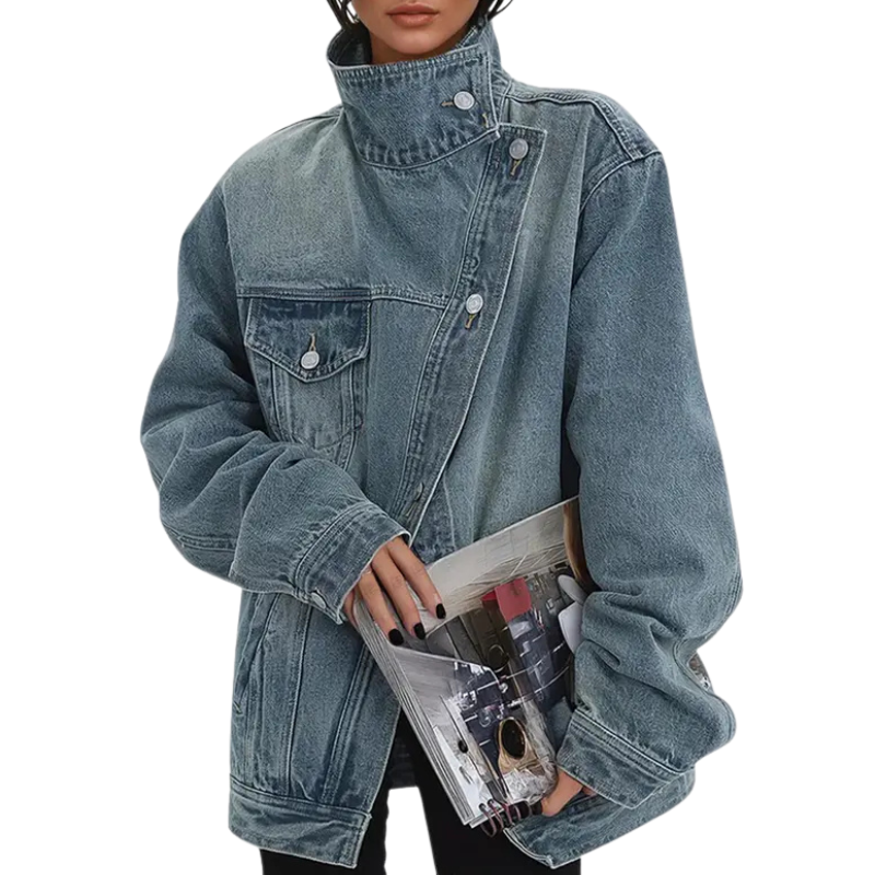 Asymmetric denim jacket for women with high stand collar and button closure