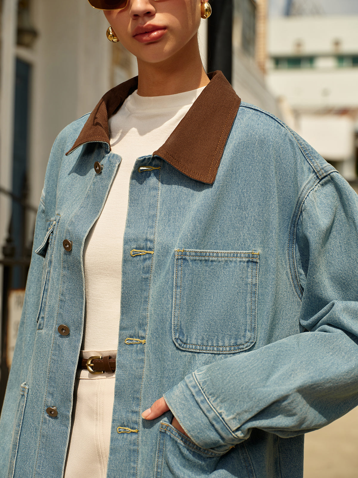 Women's Oversized Denim Jacket with Contrast Collar