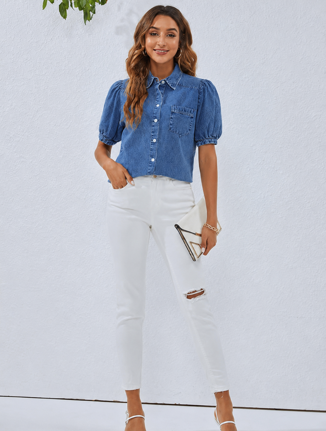 Cotton Denim Shirt Button Front for Women