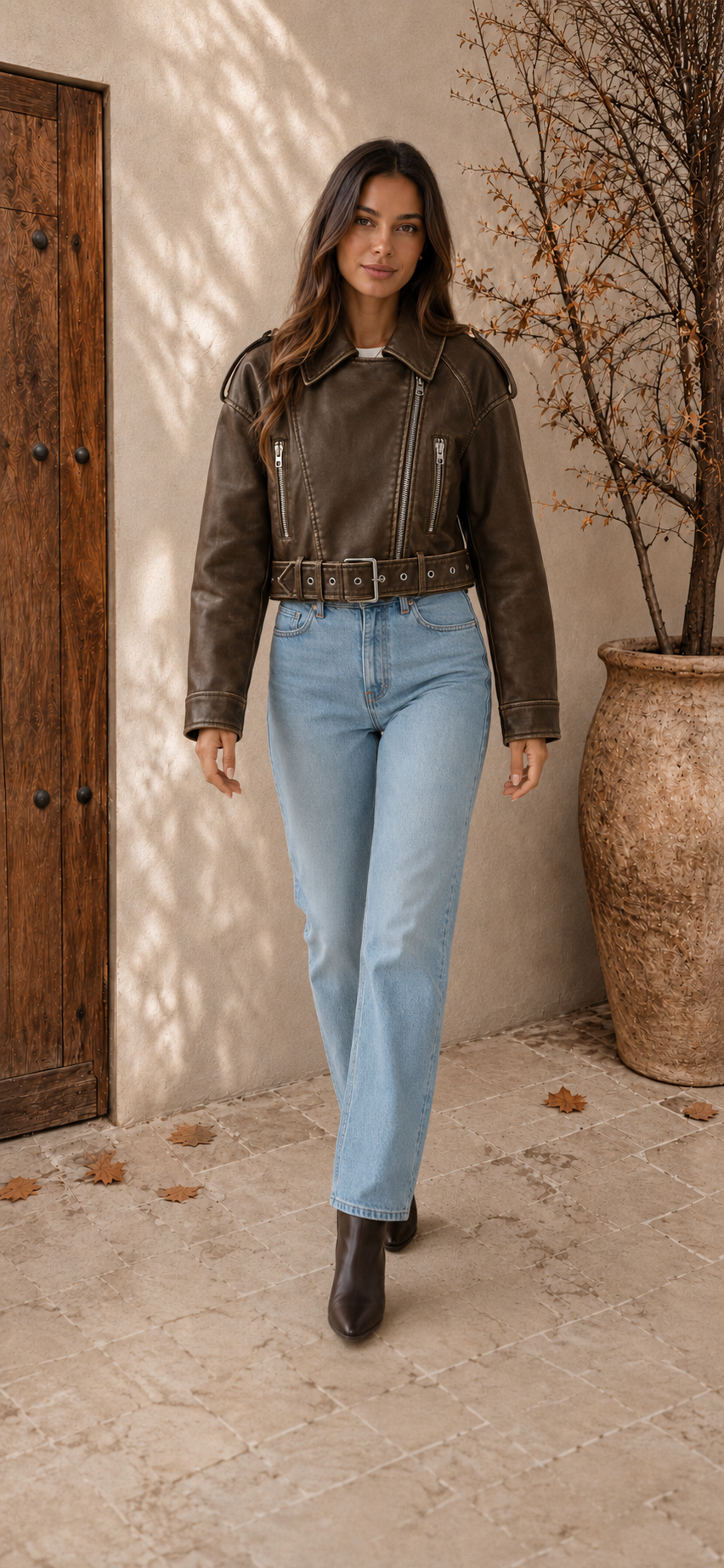 Women’s Brown Cropped PU Leather Jacket with Belt and Zipper