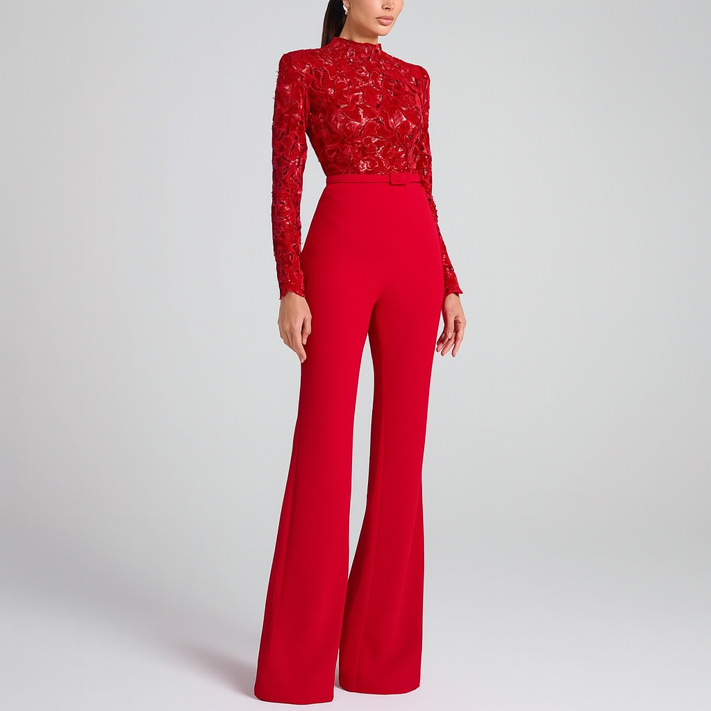Women's two-piece set with long-sleeve lace top and wide-leg trousers, front view