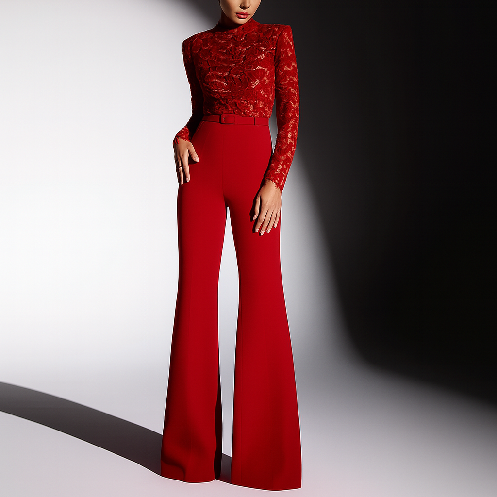 Women's woven fabric two-piece set featuring lace overlay top and full-length wide-leg trousers, styled view