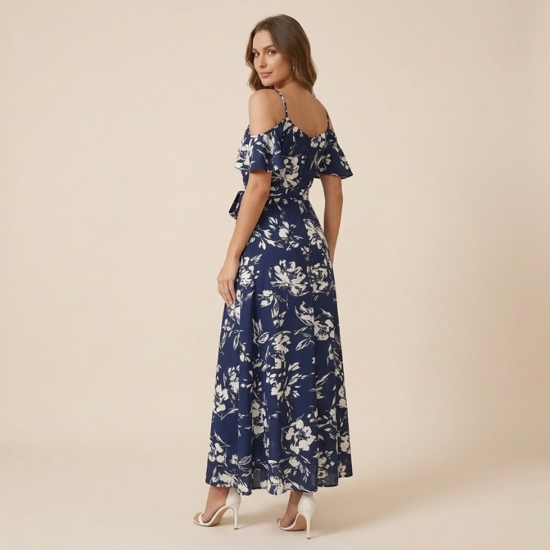 Floral print cold-shoulder maxi dress with wrap-style top and flowing silhouette