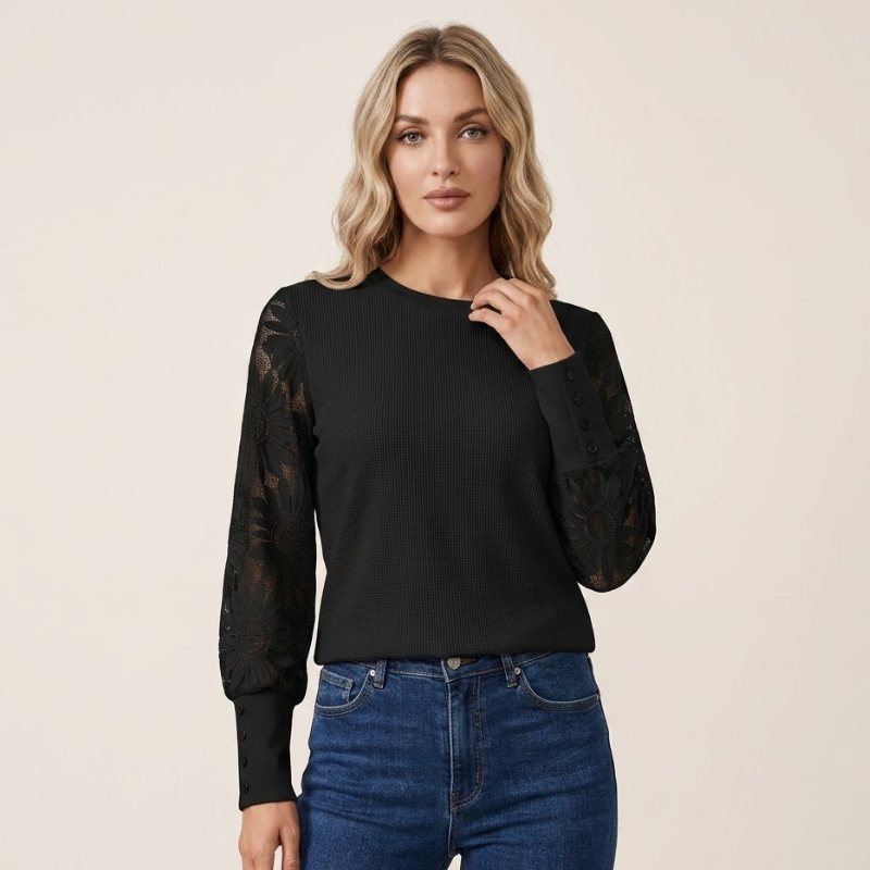 Women's fitted lace sleeve blouse with textured knit body, buttoned cuffs, and straight hem
