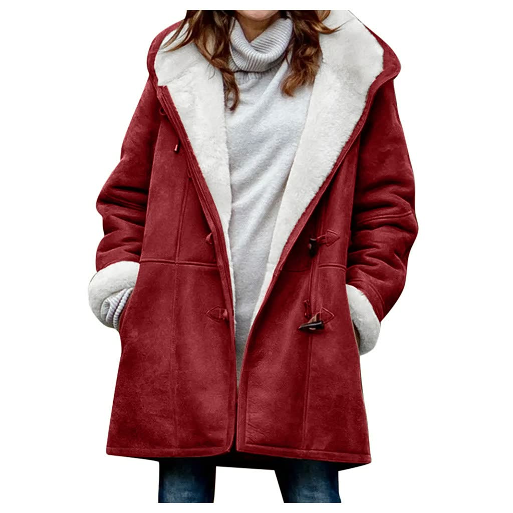 Mid-length women's woven jacket with contrasting lining and structured open collar