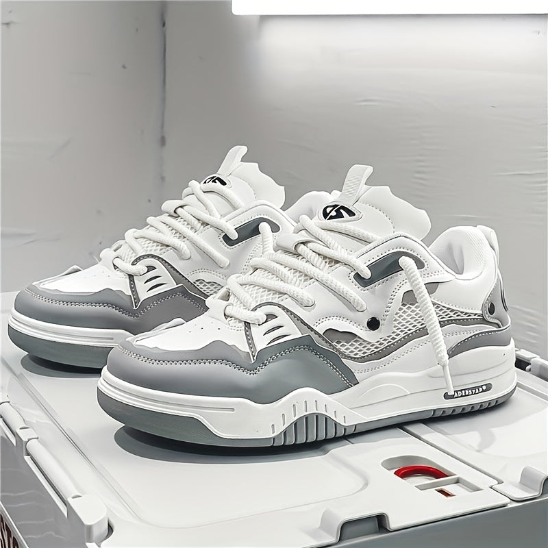 Men's chunky sole sneakers featuring panel design, contrast stitching, padded tongue with pull tab, and patterned rubber outsole