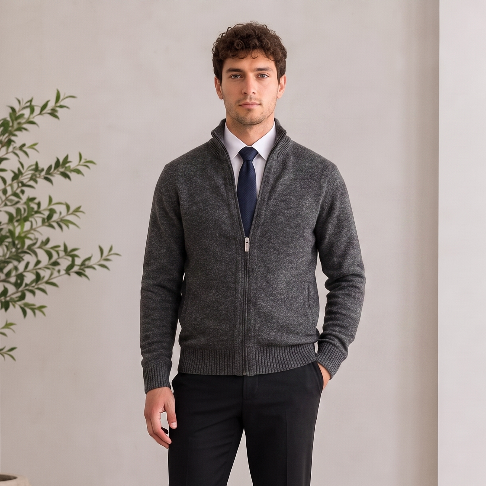 Textured Knit Jacket Zip Front Men