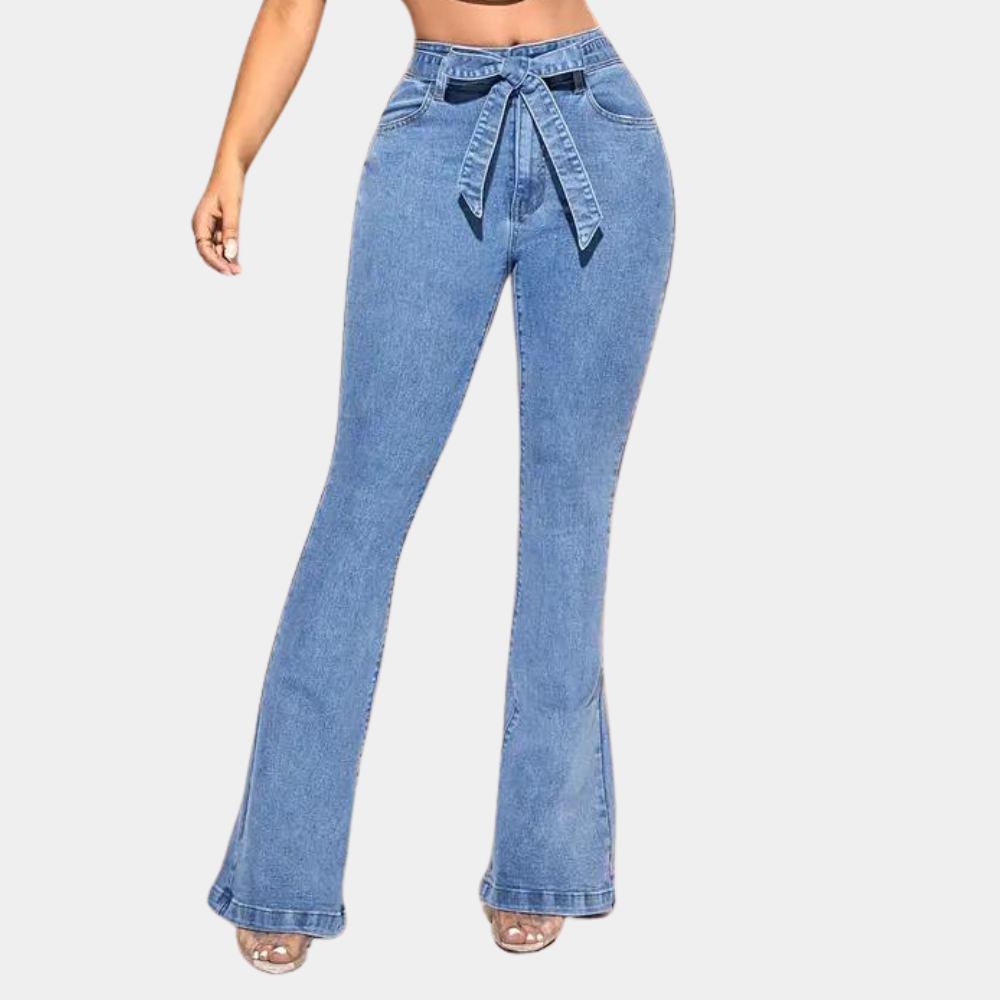 Women's high-waisted flared denim jeans with tie-waist belt and button closure
