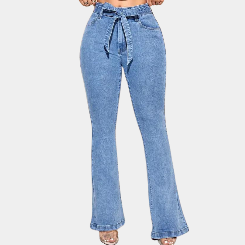 High-waisted wide-leg denim jeans for women with adjustable tie-waist detail