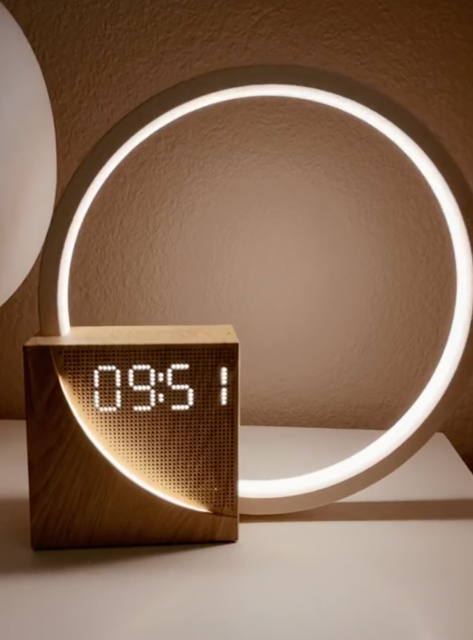 Wood-effect digital clock lamp with integrated LED ring and front-facing time display