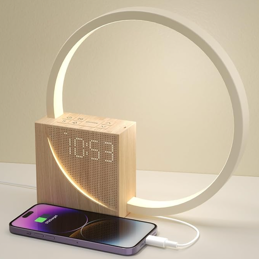 Compact digital clock lamp with circular LED mood light and wood-effect casing