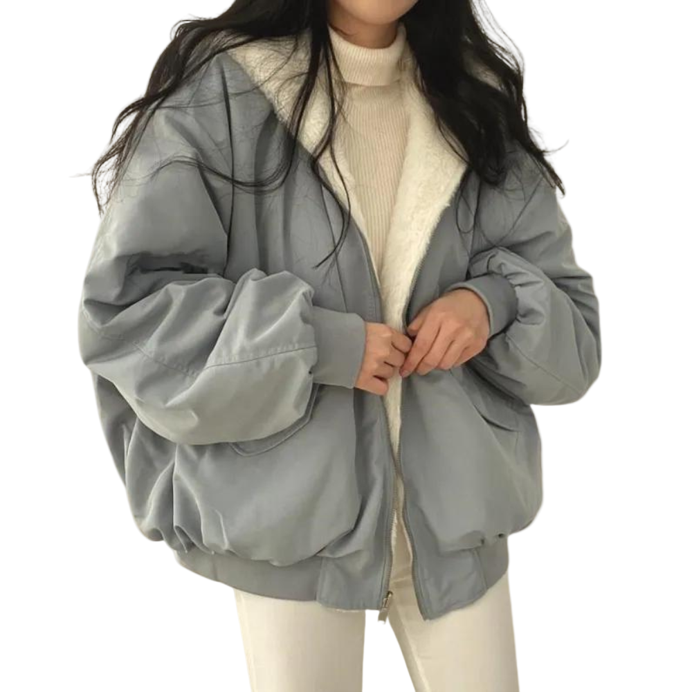 Women's oversized faux fur lined jacket showing relaxed fit and back silhouette