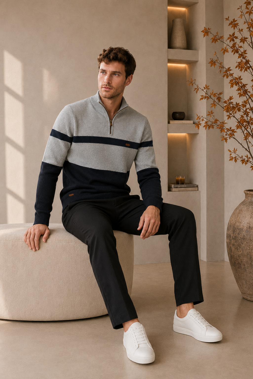 Elston Heritage men's quarter-zip sweater in grey navy