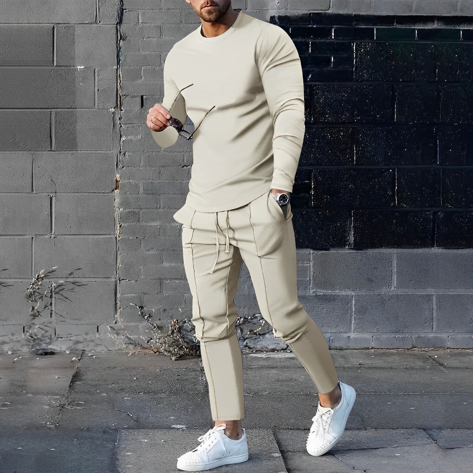 Men's training set flat lay — available in black, grey, blue, dark grey, dark green, and beige