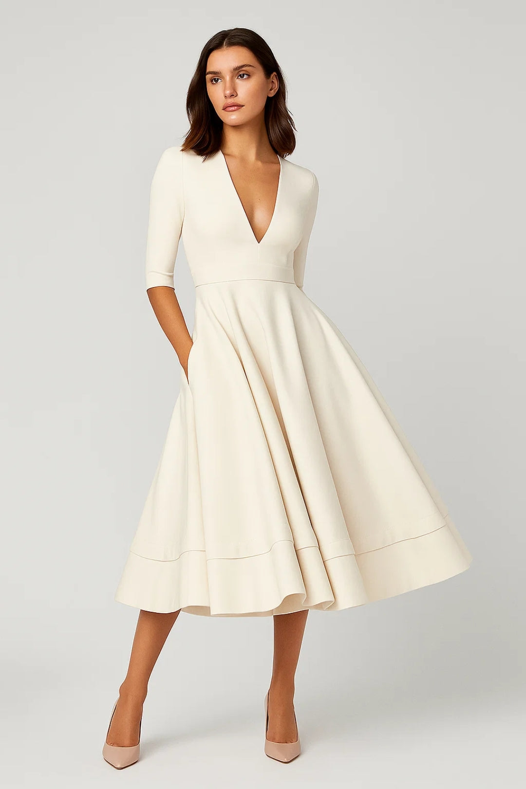 Women's flared midi dress with V-neck, fitted bodice, three-quarter sleeves, and defined waist seam