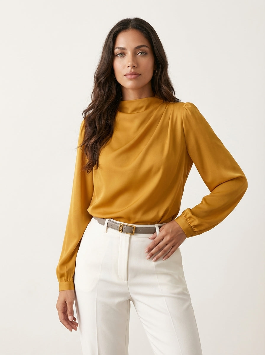 Women's structured blouse with high neckline, draped front, and straight hem