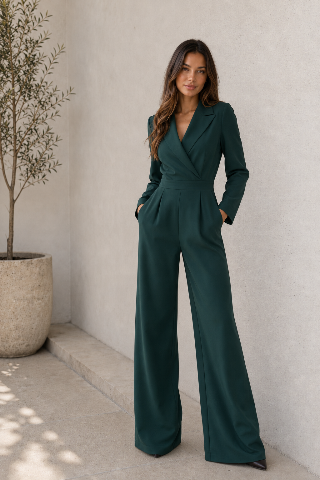 Green tailored wide leg jumpsuit women
