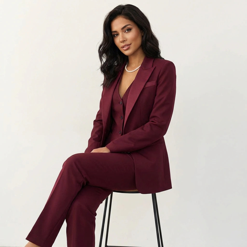 Women's suit vest with front button closure, part of a coordinated three-piece blazer and trouser set
