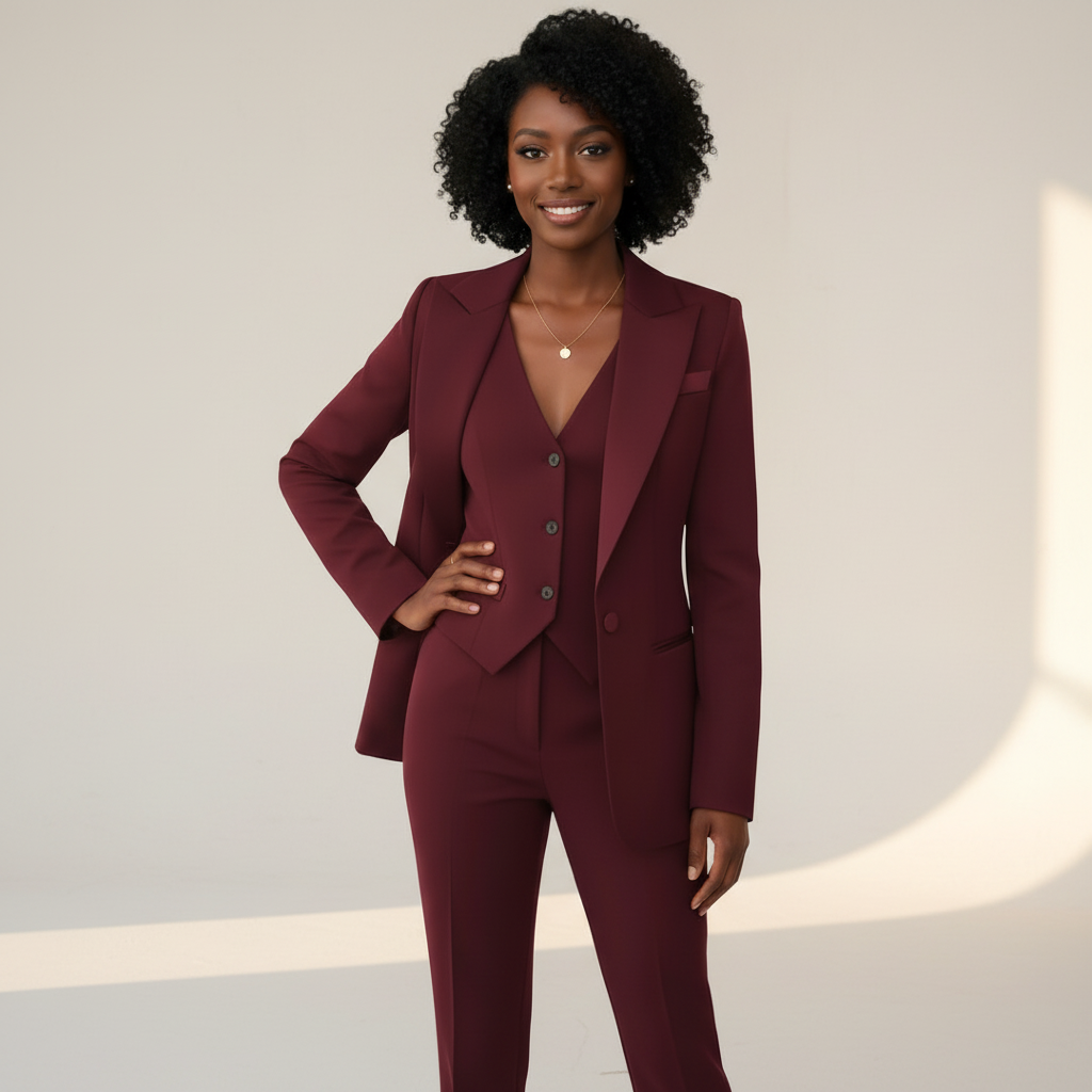 Women's three-piece suit set laid flat showing blazer, vest, and straight-leg trousers in full detail