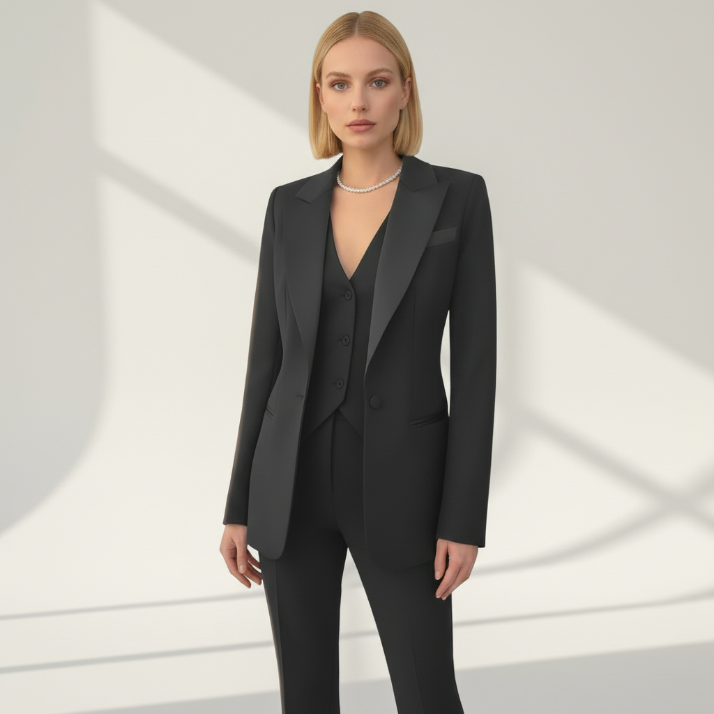Women's coordinated blazer, vest, and trouser suit set displayed to show structured panel construction