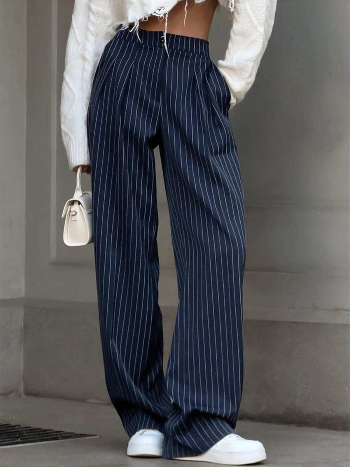 Women's woven wide-leg trousers with vertical stripe pattern and high waist