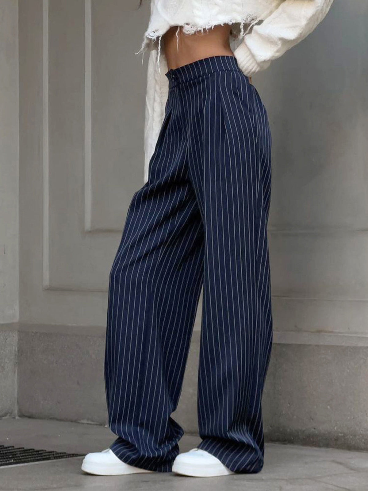 Women's high-waist wide-leg trousers in woven fabric with chalk stripe detail