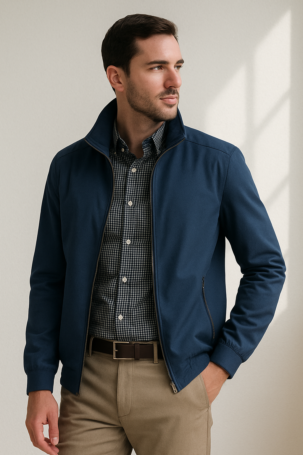 Men's lightweight woven jacket with front zipper and stand-up collar