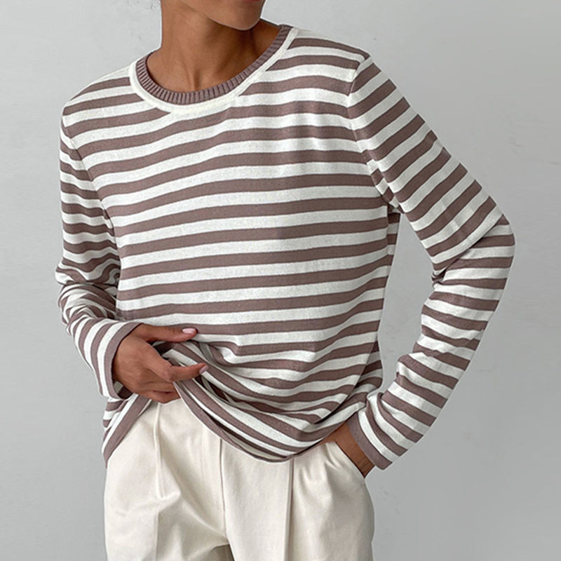 Women's pull-over knit top with horizontal stripes and round neckline