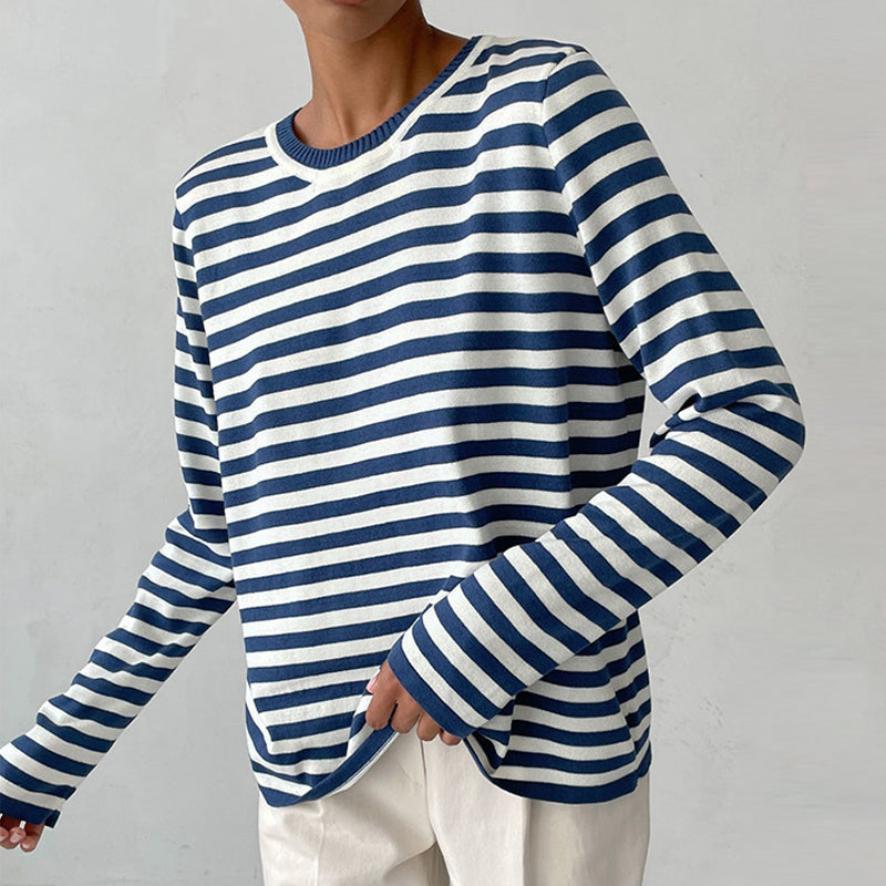 Long-sleeved striped knit top for women with clean seam finish