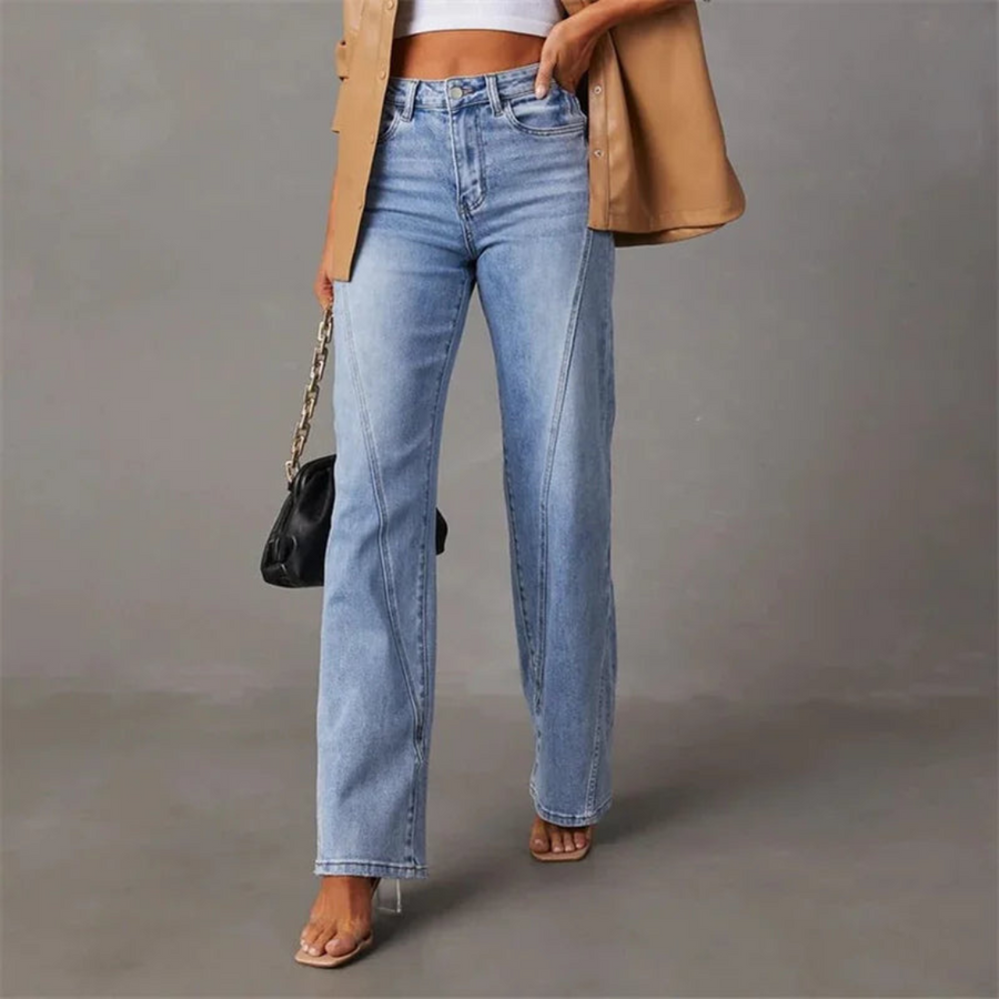 Women's high-waisted straight-leg jeans in denim, full front view