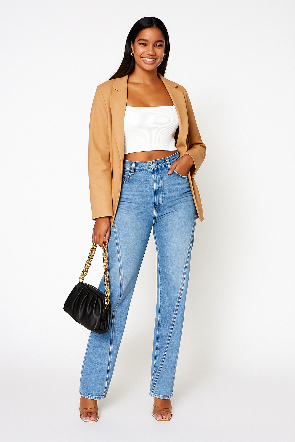 High-waisted straight jeans for women, three-quarter front angle