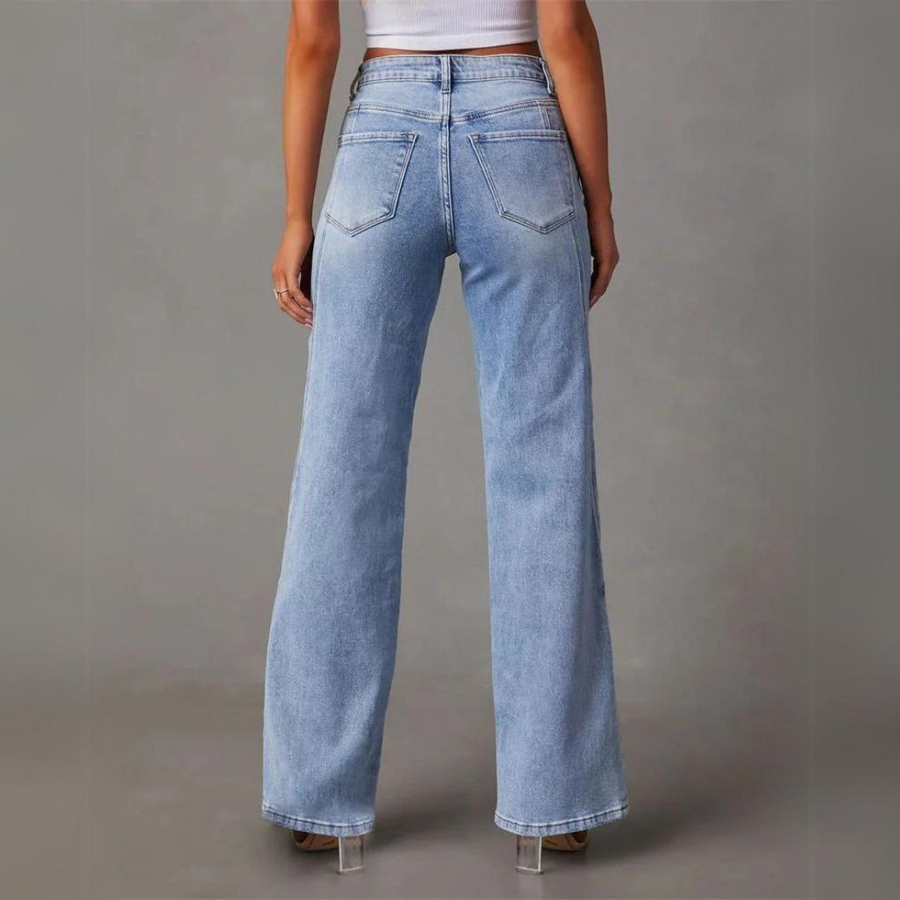 High-waist straight-leg women's jeans, styled detail shot
