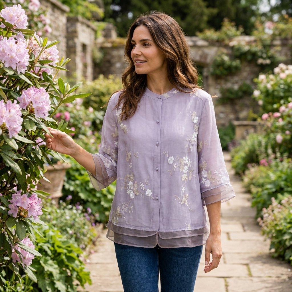 Casual embroidered blouse with three quarter sleeves