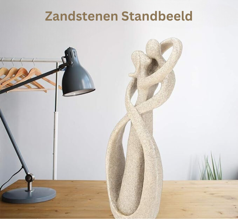 Close-up of romantic couple sculpture showing matte textured finish and abstract sculpted forms