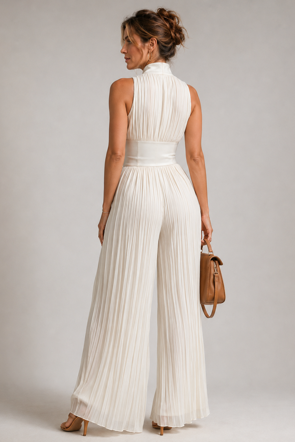 Deep V-neck floral jumpsuit with stand collar