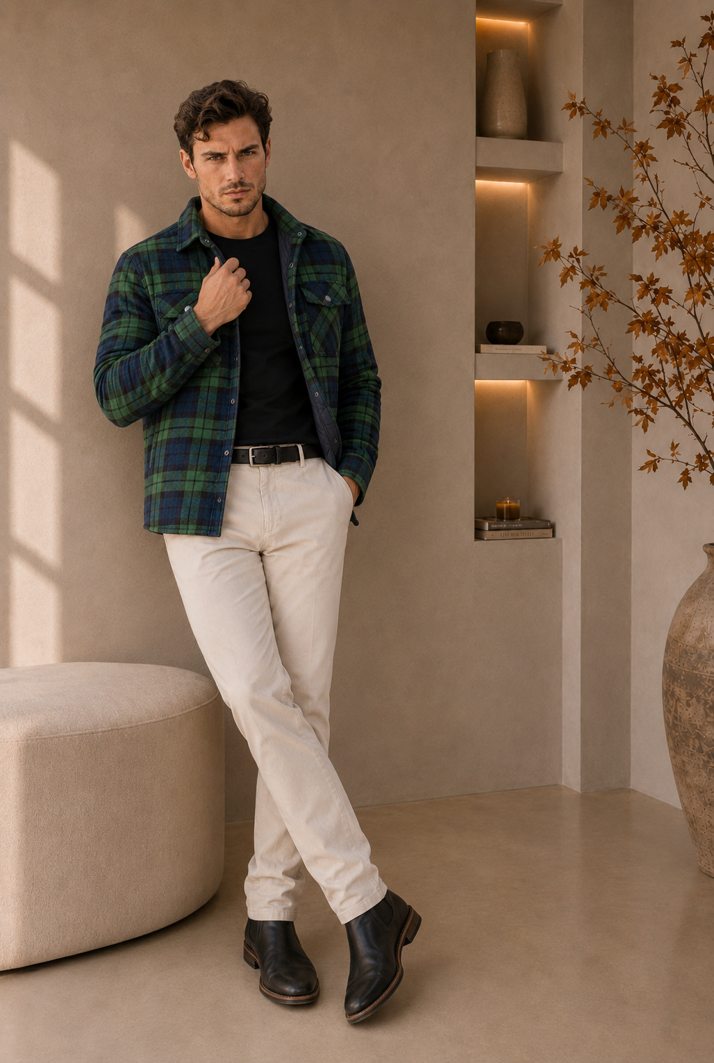 Men's dark green check flannel overshirt with chest pockets