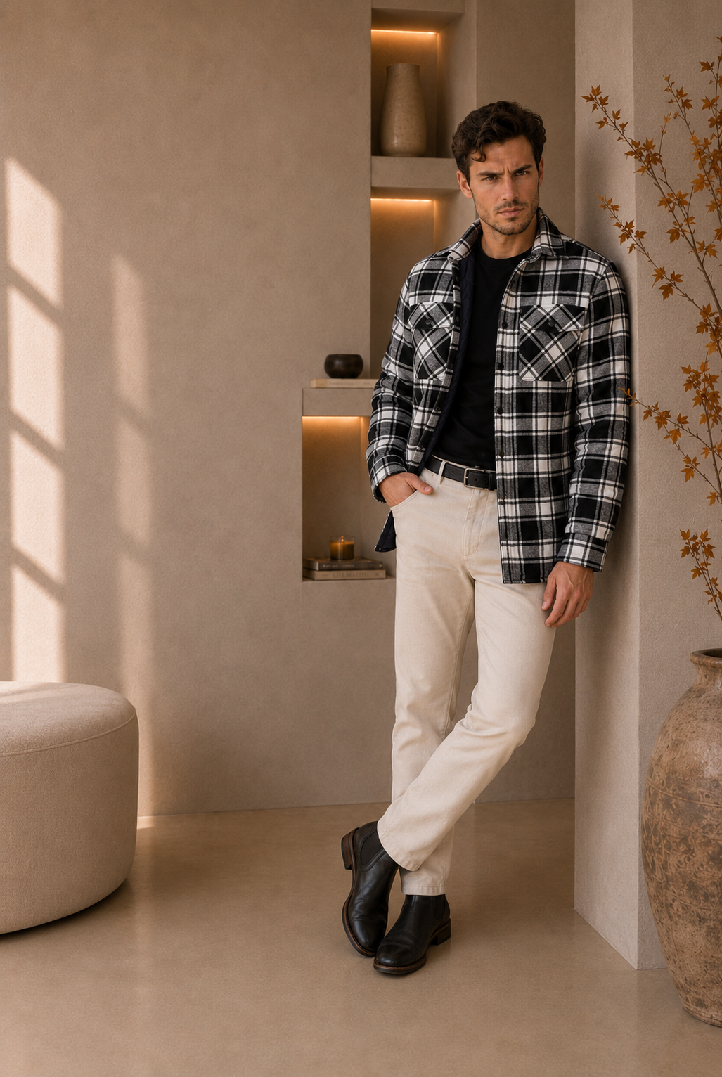 Men's black and white check flannel overshirt