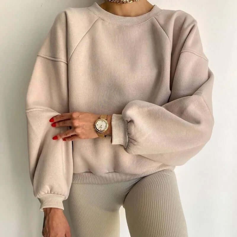 Women's soft fleece sweater with crew neck and dropped shoulders — front view