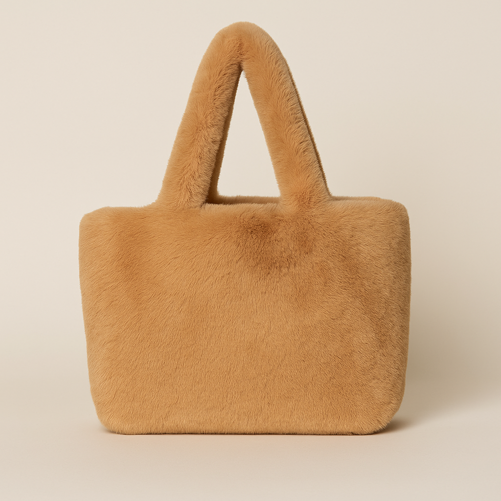 Women's soft faux fur tote bag with padded top handles, front view