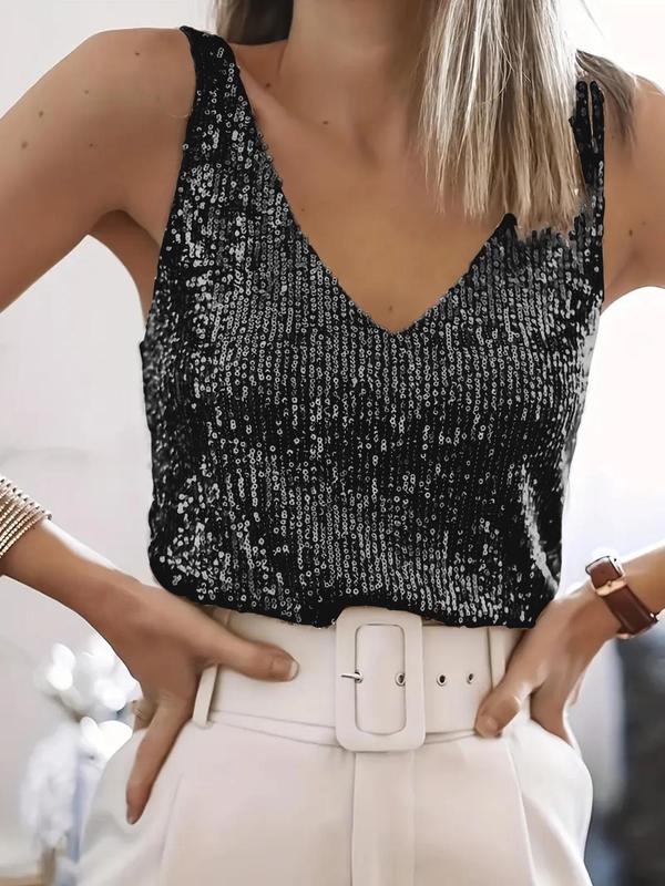 Women's fitted sleeveless sequin top with V-neckline and lined interior
