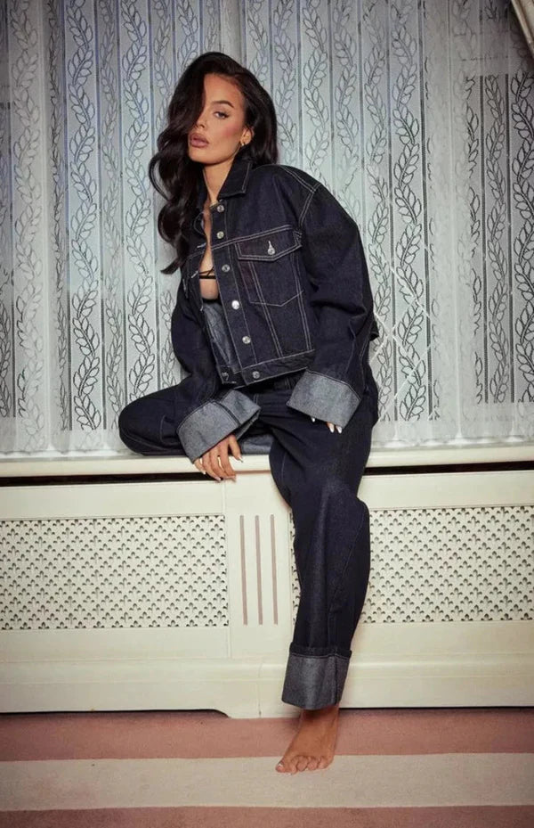 Denim set featuring cropped jacket and high-waist wide-leg jeans