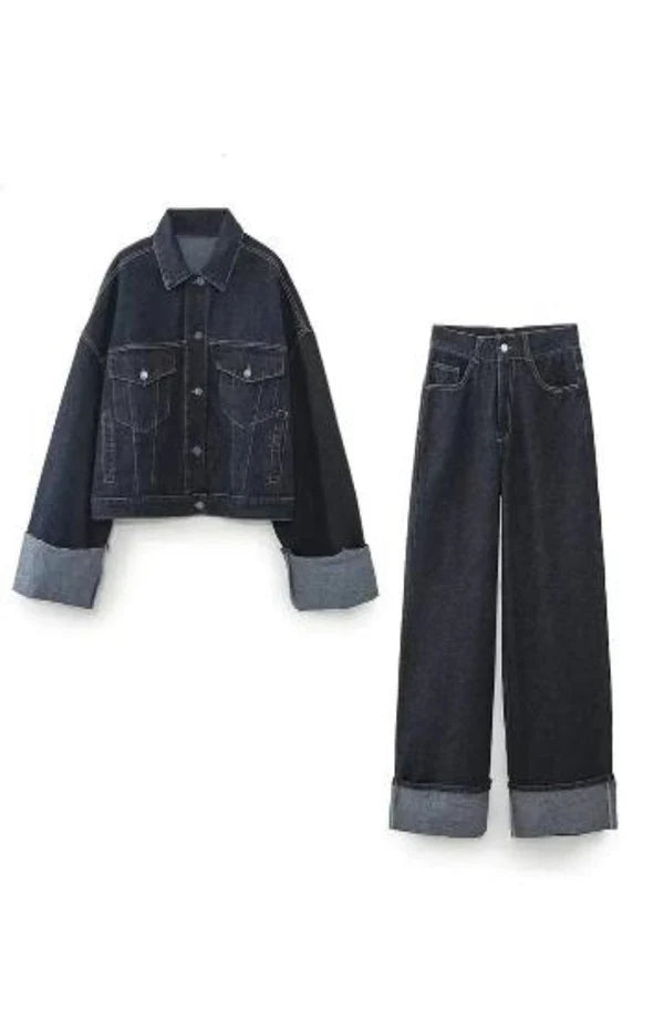 Two-piece denim outfit with structured cropped jacket and cuffed wide-leg jeans