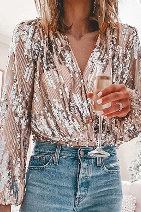 Women's sequin blouse with long sleeves and V-neckline, side or back view