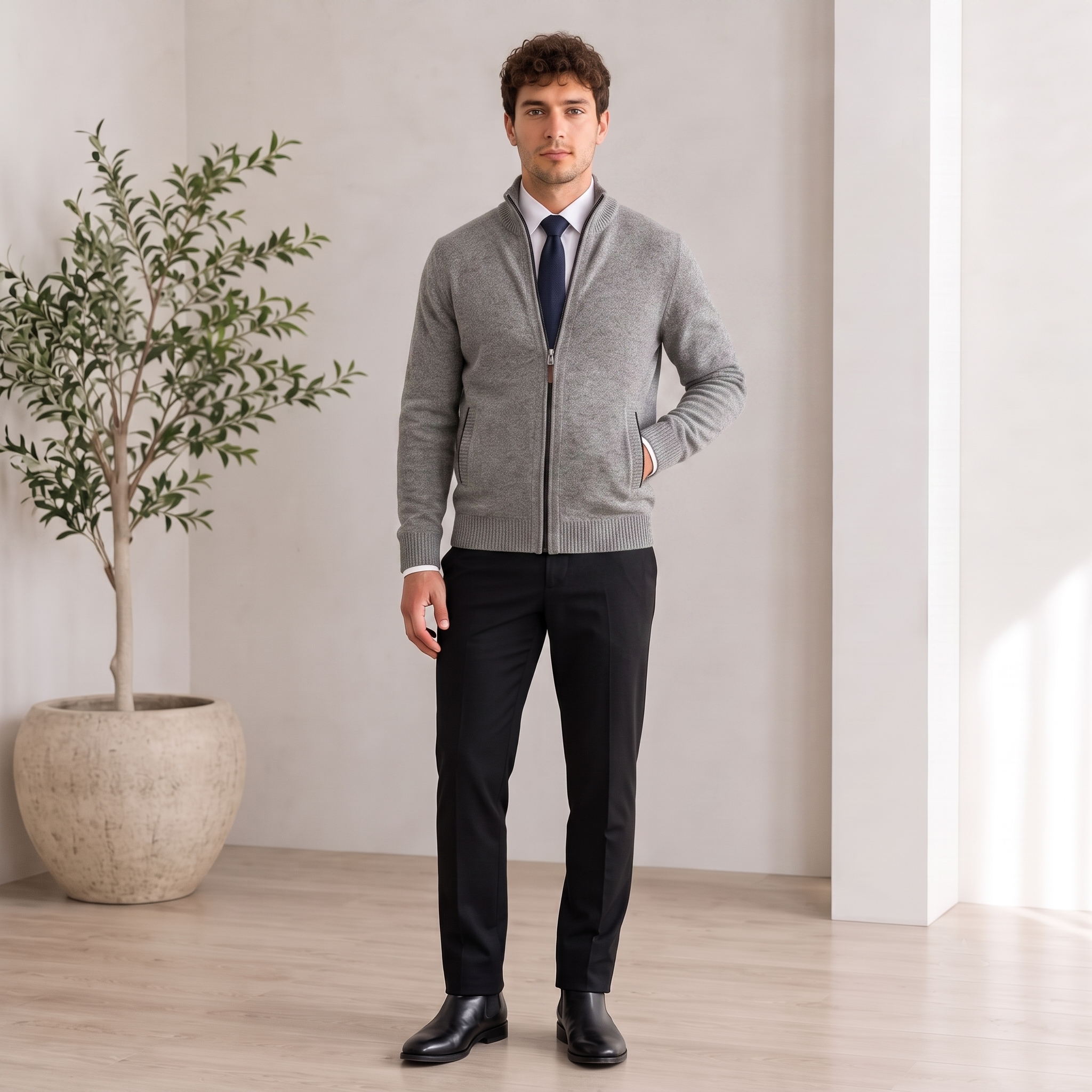 Textured Knit Jacket Zip Front Men